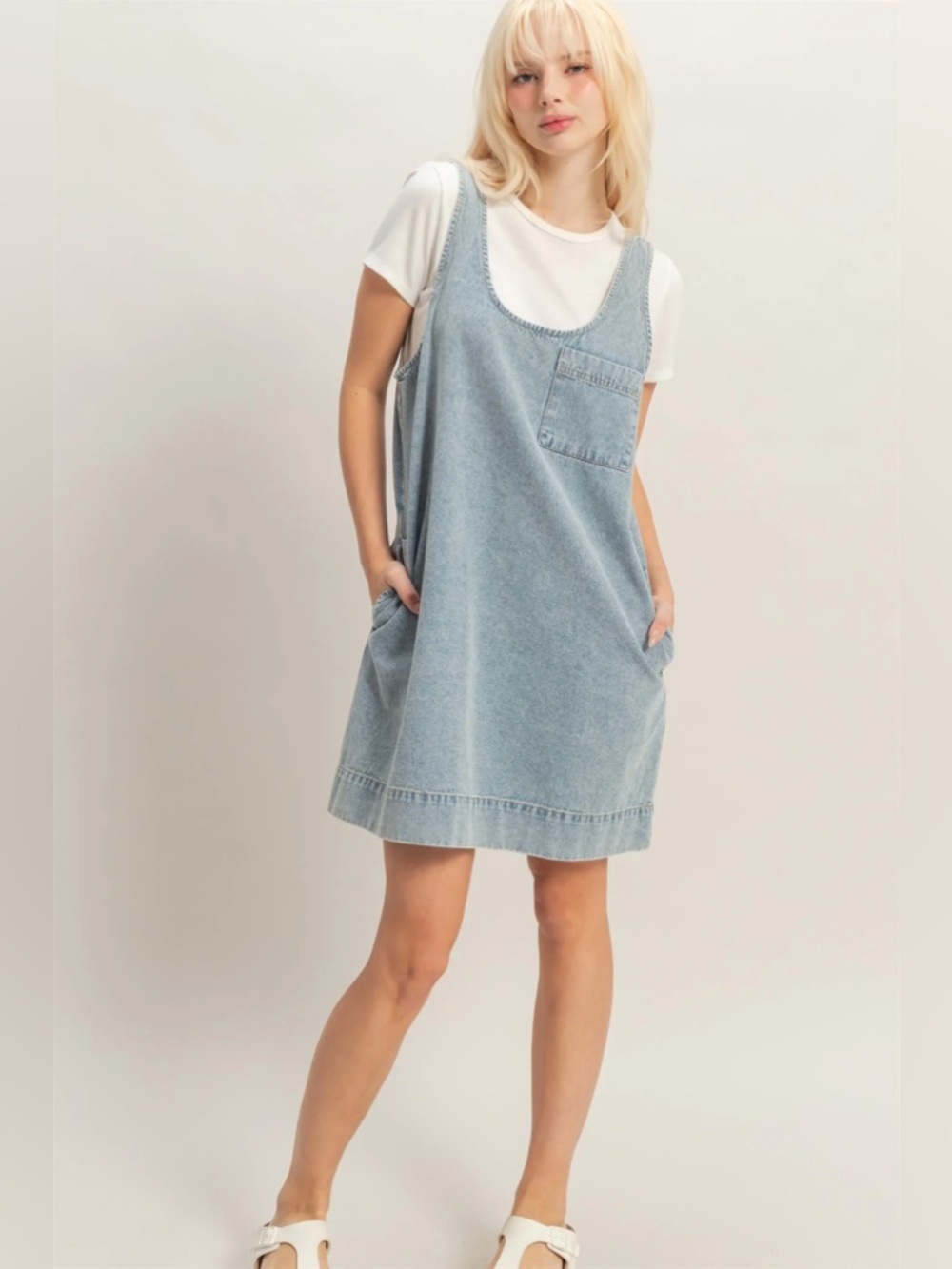 NEW Double Zero Light Blue Denim Cotton Shift Mini Dress Sleeveless Size Small - Picture 4 of 6